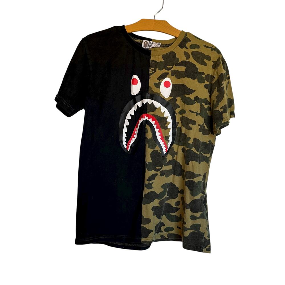 A Bathing Ape BAPE Split Camo Shark Tee Short Sleeve T-Shirt Streetwear Size L
